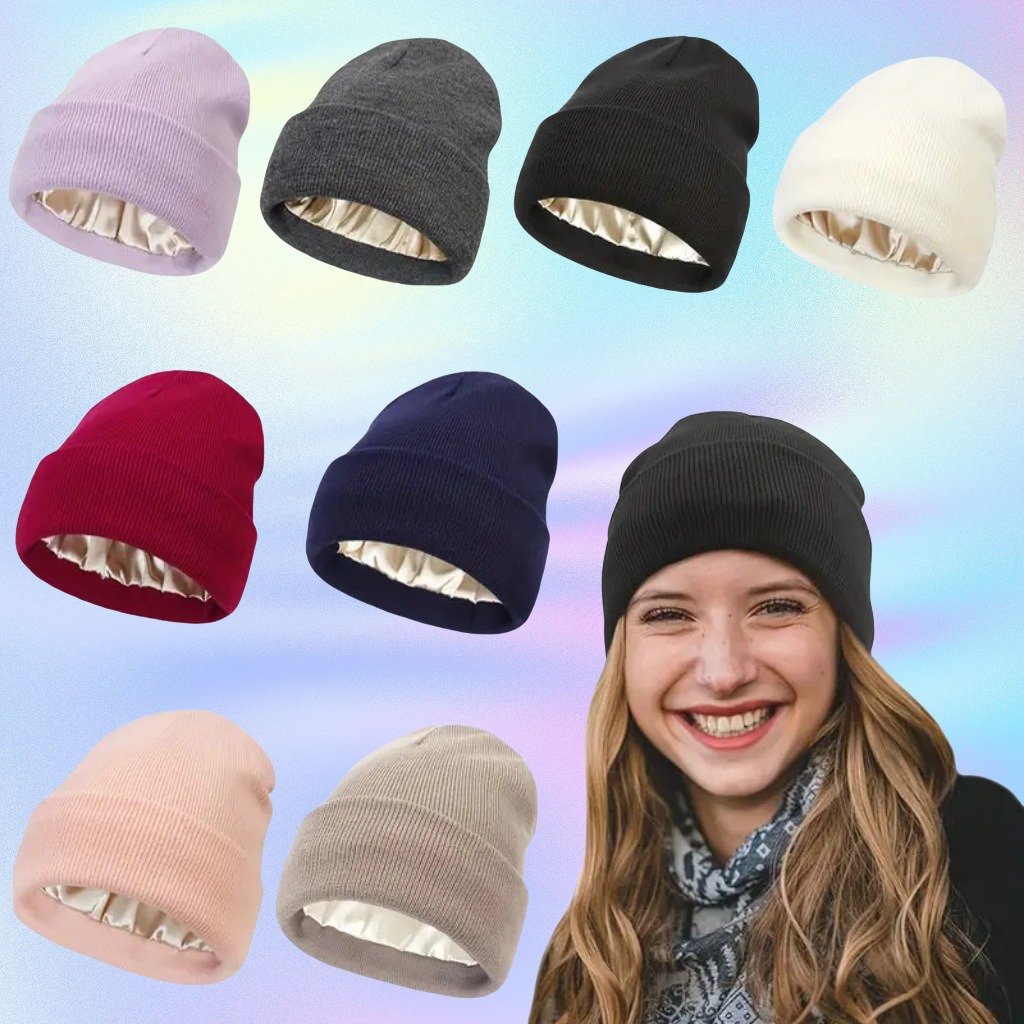 Beanie Cuffed Knit - Gorro unissex forrado de cetim antiestático,